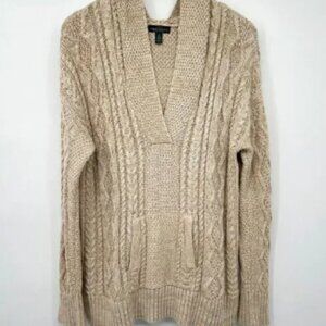 Lauren Ralph Lauren Cable Knit Sweater Size XL Hooded Chunky Pocket Beige Womens